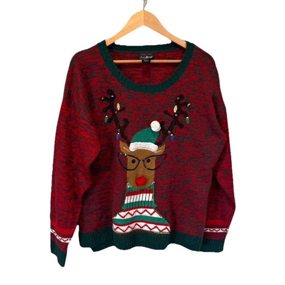 Reindeer Sweater X-LARGE Red Sequin Glasses ugly Christmas Holiday Love Always